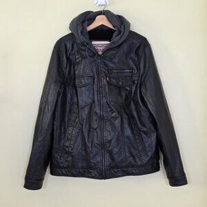 Levi's Trucker Jacket Men L Black Faux Leather LS Hooded Pockets Western Grunge